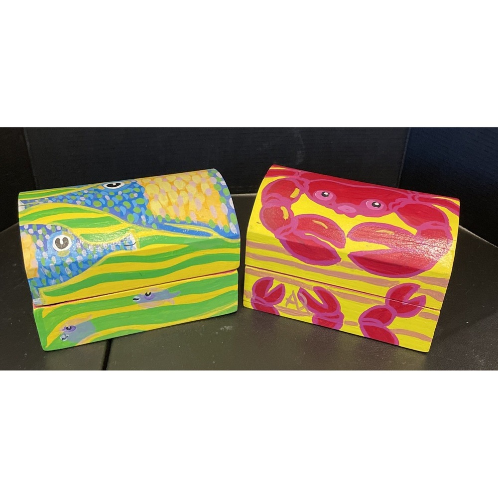 Hand Painted Wooden‎ Hinged  Treasure Trinket Box Colorful Fish Red Crab Beach